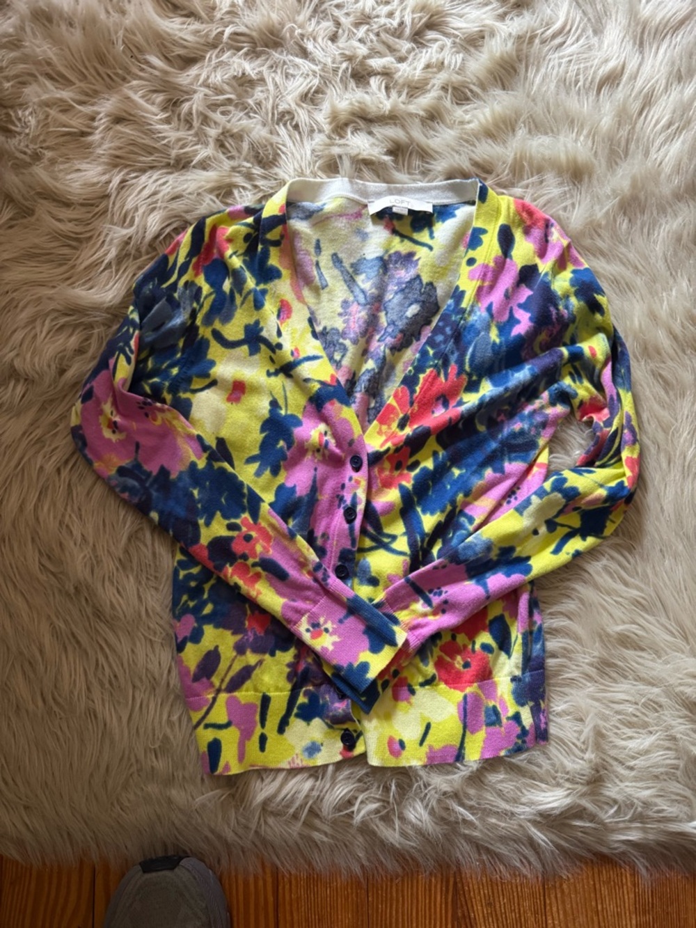 LOFT Yellow Floral Knit Top with Pink & Blue Accents